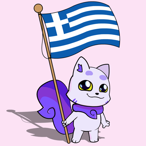 A Cartoon Cat Holding A Greek Flag On A Pole GIF