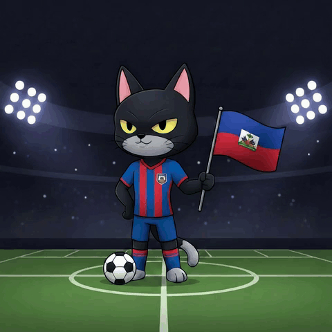 A Cartoon Cat Holding A Haiti Flag And A Soccer Ball GIF