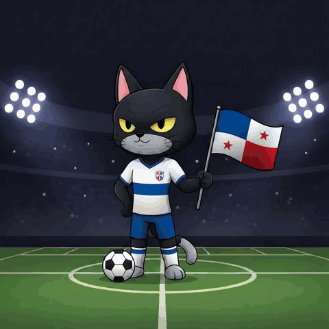 A Cartoon Cat Holding A Panama Flag On A Soccer Field GIF