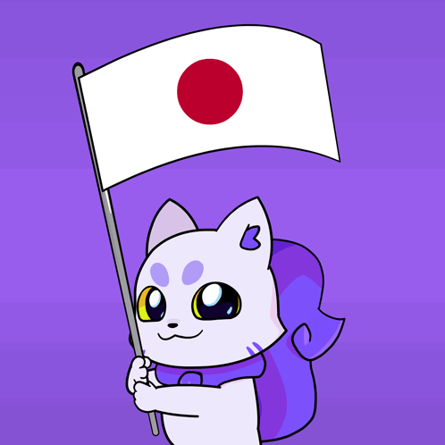 A Cartoon Cat Holding A White Flag With A Red Circle On It GIF
