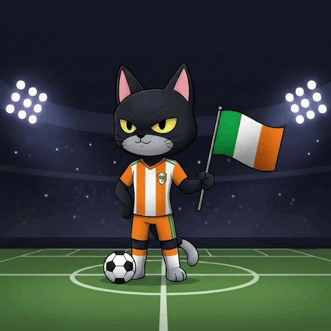 A Cartoon Cat Holding An Irish Flag On A Soccer Field GIF