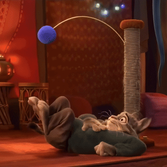 A Cartoon Cat In A Blue Sweater Is Standing Next To A Cat Tree GIF
