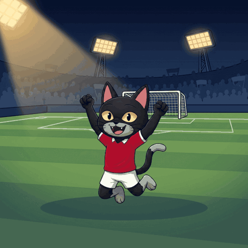 a cartoon cat in a red shirt and shorts is jumping in the air on a soccer field