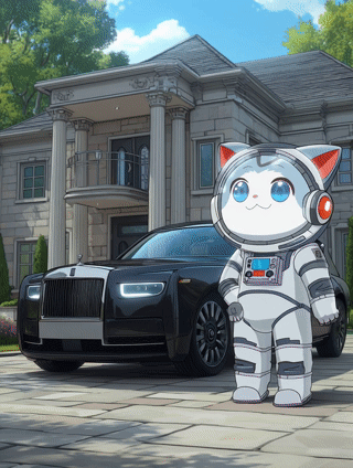 A Cartoon Cat In A Space Suit Is Standing In Front Of A Black Rolls Royce GIF