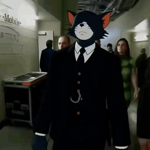 a cartoon cat in a suit and tie is walking in a hallway