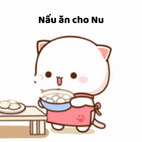 Cartoon Cat In Apron Holding Food Saying Nau An Cho Nu GIF