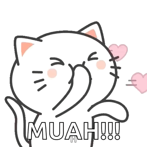 A Cartoon Cat Is Blowing Kisses With Pink Hearts Flying Around It . GIF