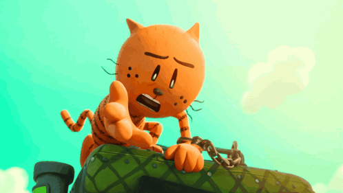 A Cartoon Cat Is Chained To A Green Object And Pointing GIF