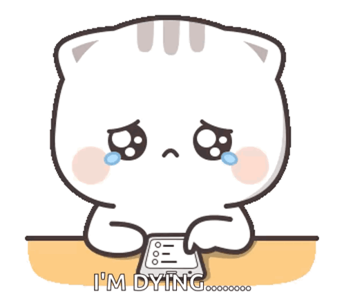 A Cartoon Cat Is Crying While Sitting At A Table Holding A Cell Phone And Says I 'M Dying . GIF