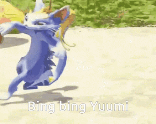 A Cartoon Cat Is Dancing With The Words Bing Bing Yuumi Written On The Bottom GIF