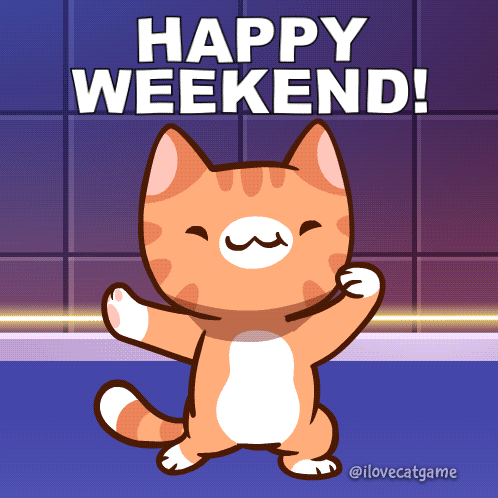 A Cartoon Cat Is Dancing With The Words Happy Weekend Behind It GIF