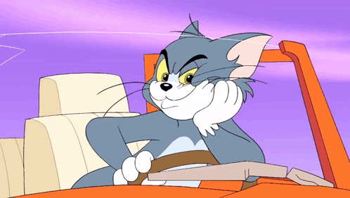 A Cartoon Cat Is Driving A Car With His Hand On His Chin GIF