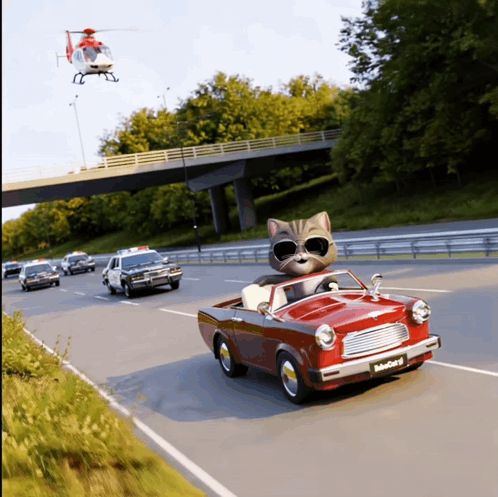 A Cartoon Cat Is Driving A Red Car With A License Plate That Says Selfiecat 2 GIF
