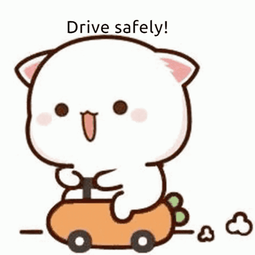 A Cartoon Cat Is Driving A Toy Car And Says `` Drive Safely '' . GIF