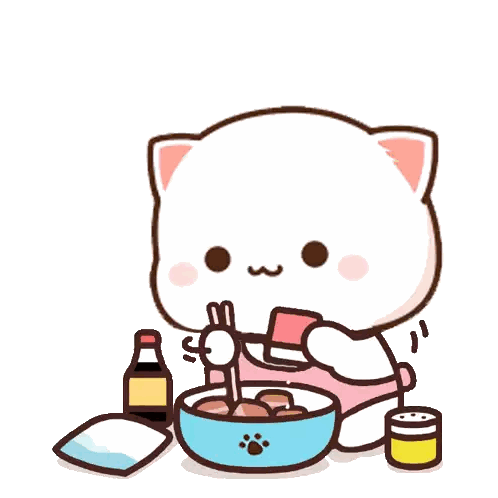 a cartoon cat is eating food from a blue bowl with chopsticks