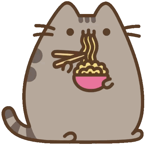 a cartoon cat is eating noodles from a bowl