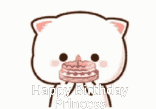 A Cartoon Cat Is Holding A Birthday Cake In Its Mouth And Saying `` Happy Birthday Princess '' . GIF