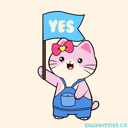 a cartoon cat is holding a blue flag that says yes