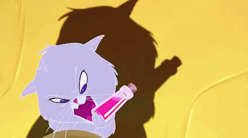 A Cartoon Cat Is Holding A Bottle With A Pink Liquid And Says I Win . GIF