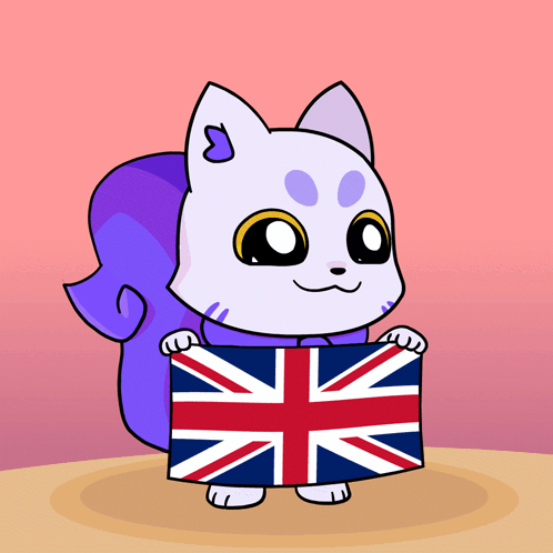 A Cartoon Cat Is Holding A British Flag In Its Paws GIF