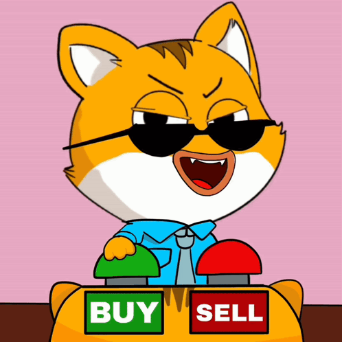 A Cartoon Cat Is Holding A Button That Says Buy GIF