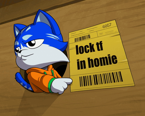 a cartoon cat is holding a card that says " lock tf in homie "