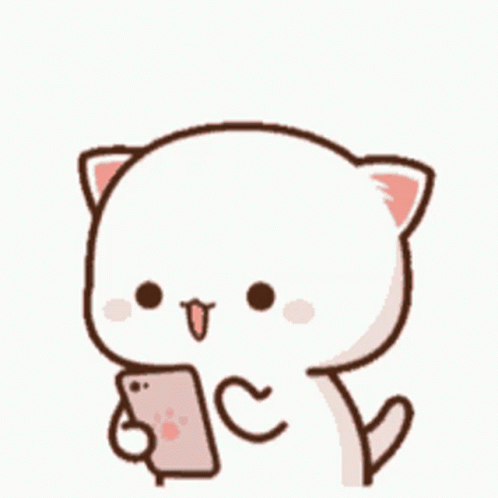 A Cartoon Cat Is Holding A Cell Phone And Three Hearts Are Flying Over It . GIF