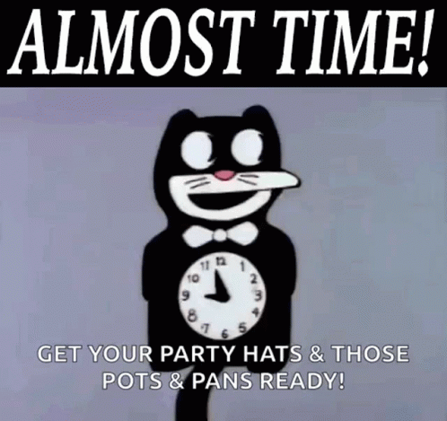 A Cartoon Cat Is Holding A Clock That Says " Almost Time " GIF