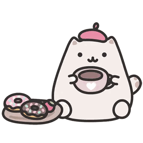 a cartoon cat is holding a cup of coffee and donuts