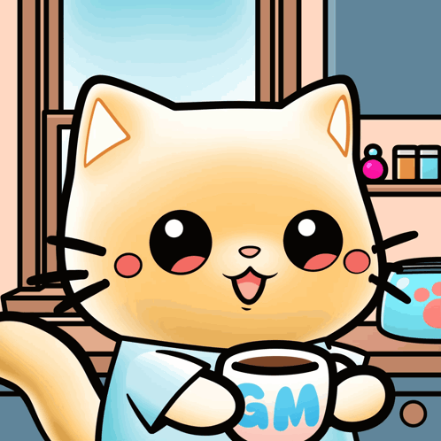 A Cartoon Cat Is Holding A Cup Of Coffee With Sm On It GIF