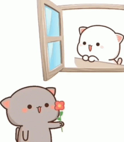 A Cartoon Cat Is Holding A Flower And Looking Out Of A Window At Another Cat . GIF