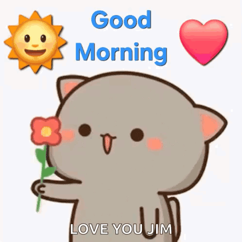 A Cartoon Cat Is Holding A Flower And Saying `` Good Morning `` . GIF