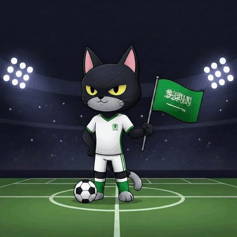 a cartoon cat is holding a green flag and a soccer ball on a field