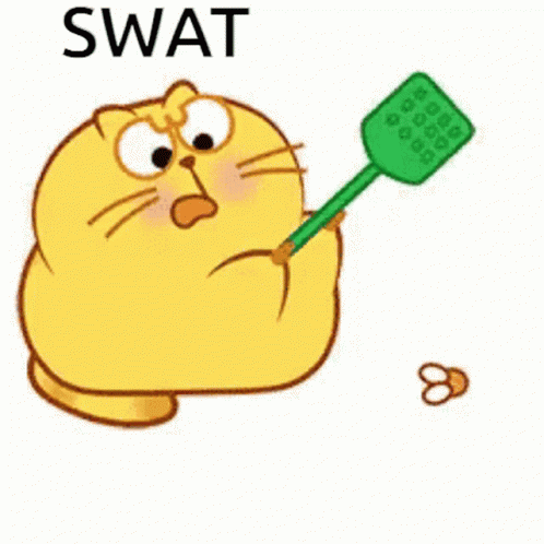 A Cartoon Cat Is Holding A Green Mosquito Swatter In Its Hand . GIF