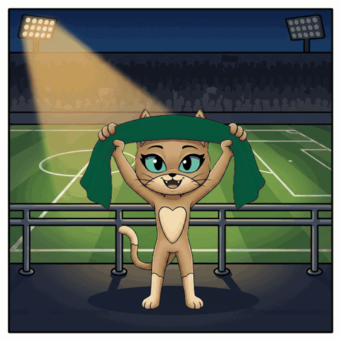 a cartoon cat is holding a green scarf over her head