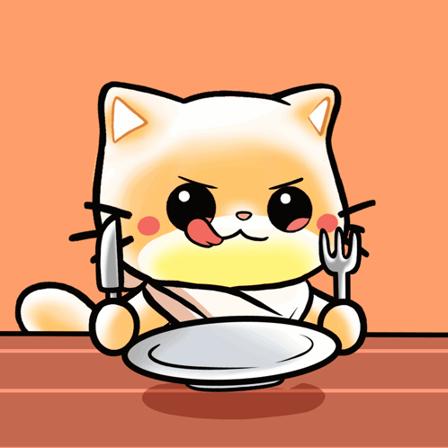 A Cartoon Cat Is Holding A Knife And Fork While Looking At A Plate GIF