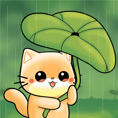 A Cartoon Cat Is Holding A Large Green Leaf In The Rain GIF