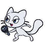a cartoon cat is holding a microphone in its paws and smiling .