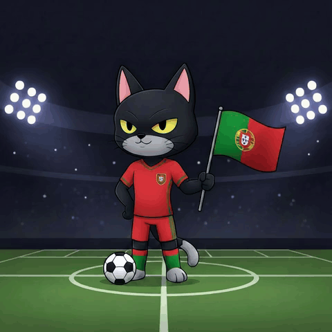 a cartoon cat is holding a portugal flag and a soccer ball