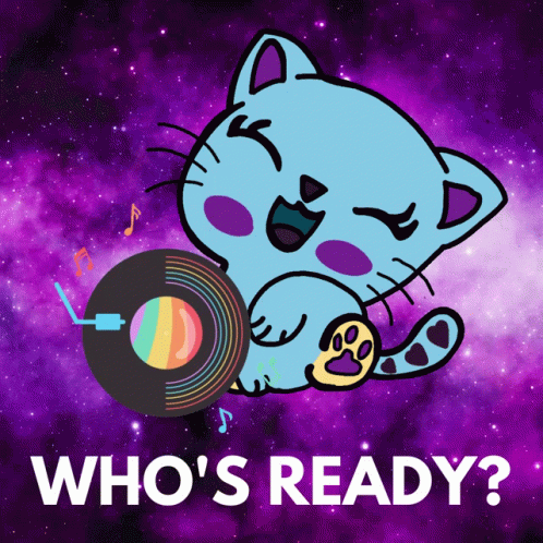 A Cartoon Cat Is Holding A Record And The Words Who 'S Ready Are Below It GIF