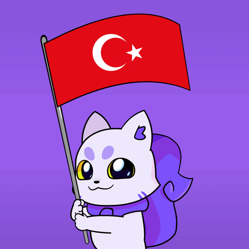A Cartoon Cat Is Holding A Red Flag With A Crescent Moon And Star GIF