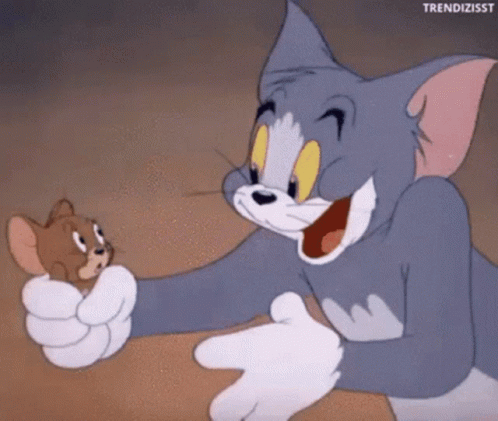 A Cartoon Cat Is Holding A Small Mouse In Its Paws . GIF