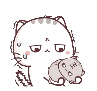a cartoon cat is holding a smaller cat and making a face