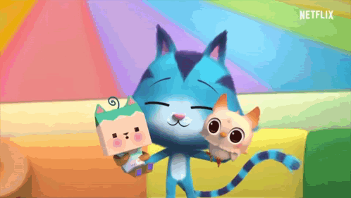 A Cartoon Cat Is Holding A Stuffed Animal And A Toy Box . GIF