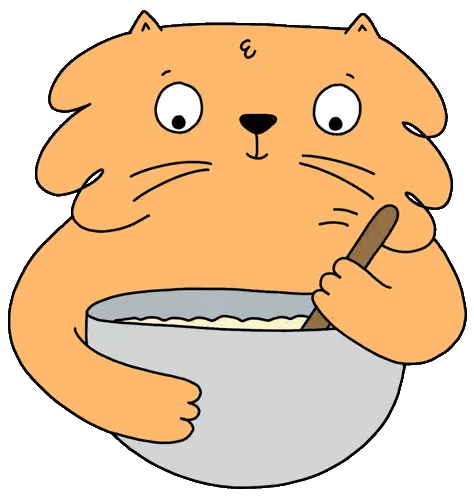 a cartoon cat is holding a wooden spoon in a bowl of food