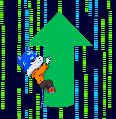 A Cartoon Cat Is Holding Up A Green Arrow Pointing Up GIF