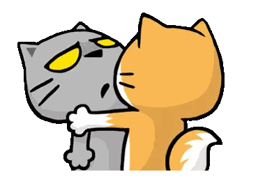 a cartoon cat is hugging another cat with a yellow spot on its face .