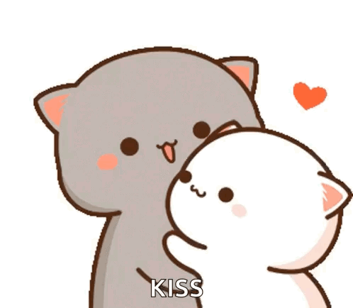 A Cartoon Cat Is Kissing Another Cat With A Heart Behind Them . GIF