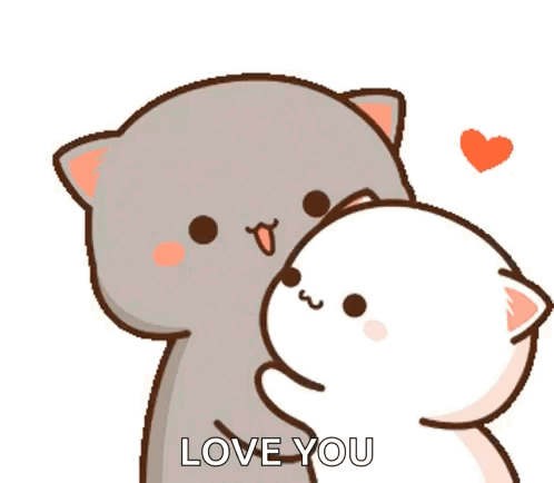 A Cartoon Cat Is Kissing Another Cat With The Words `` Love You '' Written On It . GIF