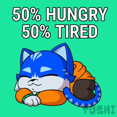 a cartoon cat is laying down with the words 50 % hungry 50 % tired above it